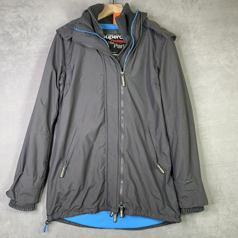 Superdry Parka Jacket Black Blue Faux Fur Hood Fleece Lined Womens Medium